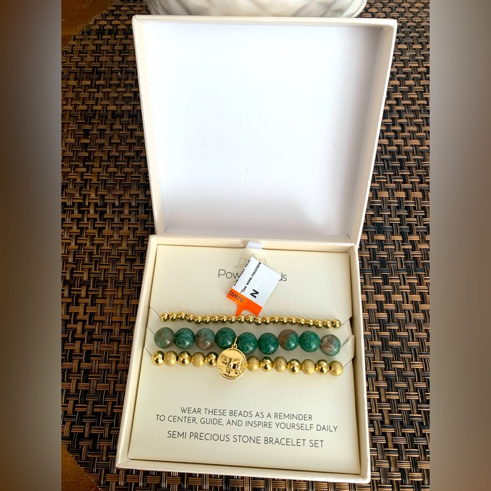 NWT Power Beads 3 Bracelets: 2 Golden Beads & 1 Green Beads w/Golden Elephant